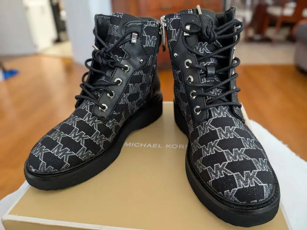 Michael Kors Trudy Bootie Met MK Outline JQD Lace Up Boot Black Size 6.5M